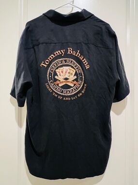Tommy Bahama Vegas casino marathon gamble card Black 100% Silk Shirt M Button Up